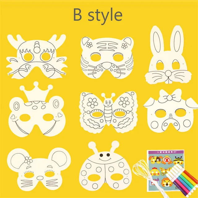 8Piece Kids Cartoon Animal DIY Graffiti Art Crafts Mask Toy Paper Mask Hand-painted White Paper Card Material with Color Pens - Slobuy