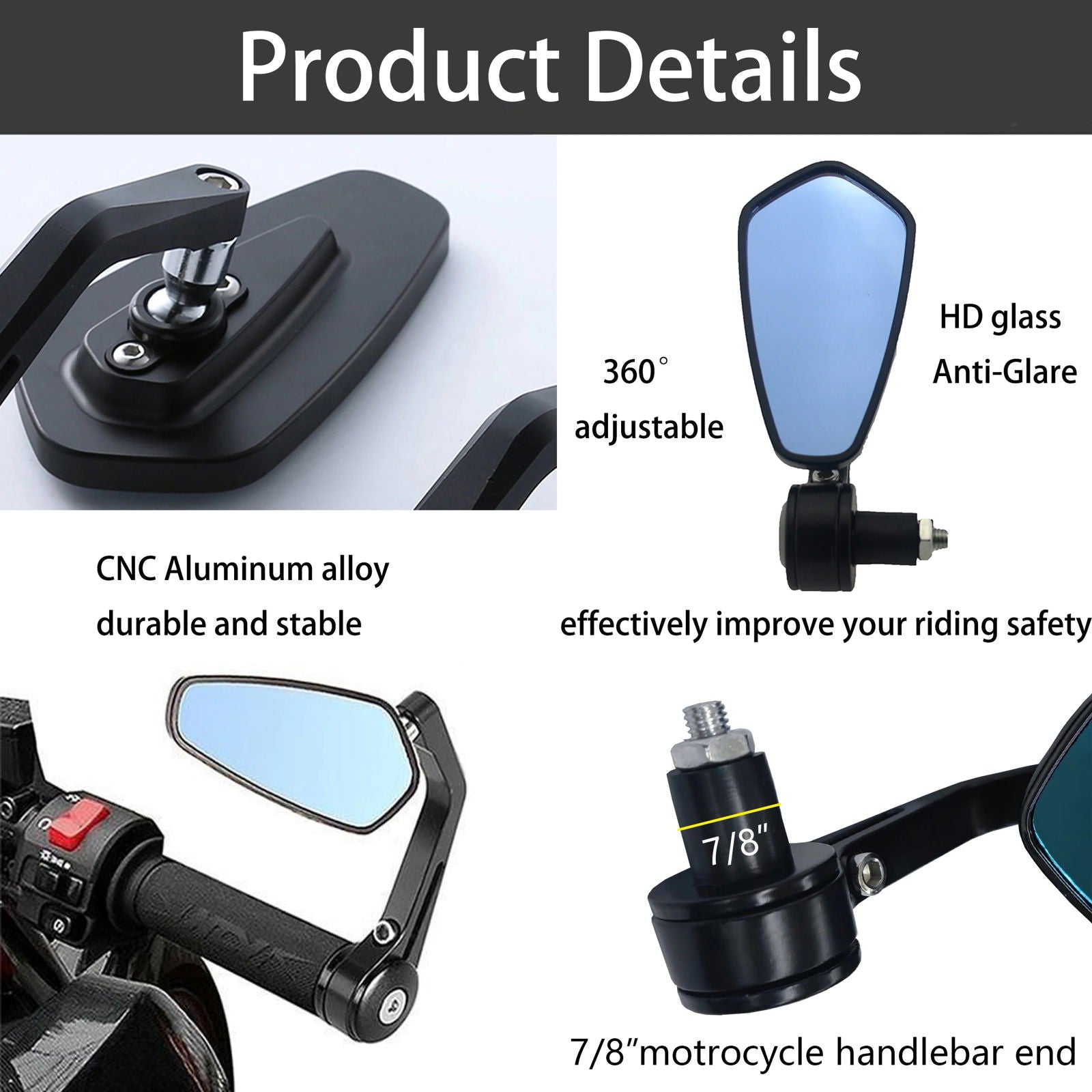 2x 7/8" 20mm Motorcycle Rear View Mirrors Anti-Glare HD Motorbike Handlebar End Side Mirror for Scooters ATV Bike Motorcycles - Slobuy