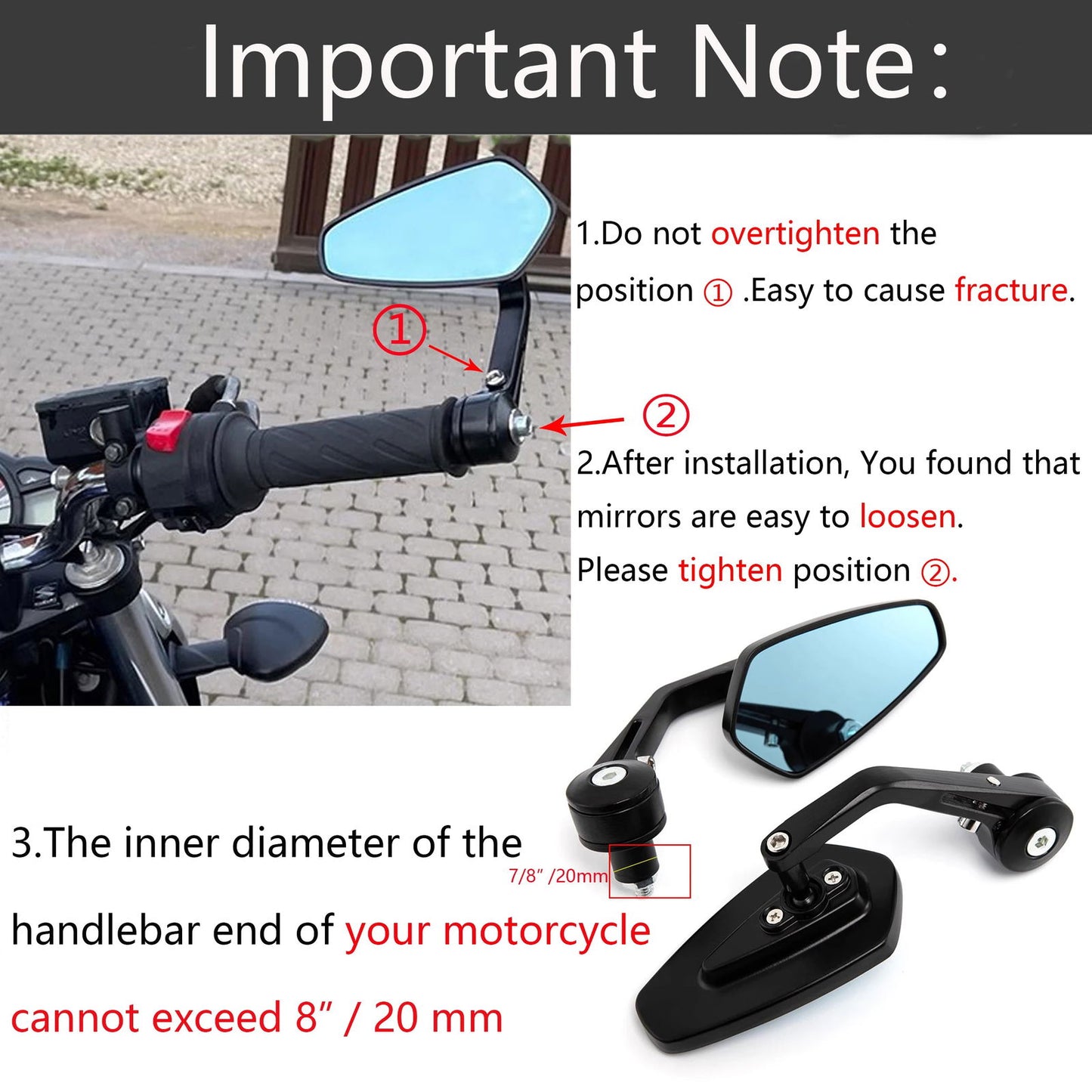 2x 7/8" 20mm Motorcycle Rear View Mirrors Anti-Glare HD Motorbike Handlebar End Side Mirror for Scooters ATV Bike Motorcycles - Slobuy