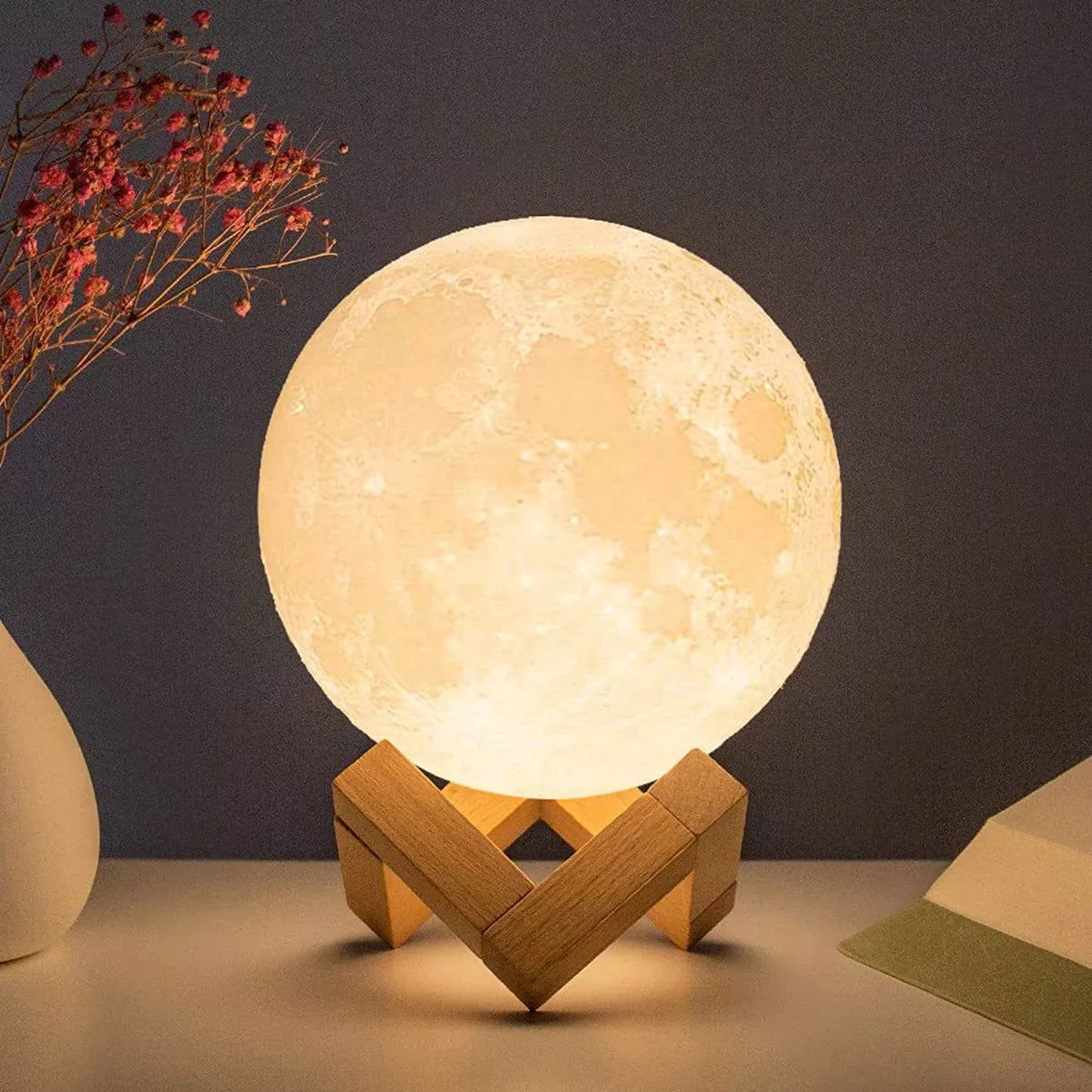 8cm Moon Lamp LED Night Light Battery Powered With Stand Starry Lamp Bedroom Decor Night Lights Kids Gift Moon Lamp - Slobuy