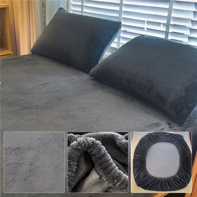 90-220cm Soft Warm Plush Fitted Sheet Elastic Mattress Cover Fluffy Coral Fleece Bed Winter Couple Luxury Double Bed Bedding - Slobuy