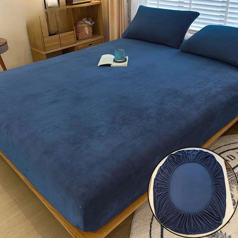 90-220cm Soft Warm Plush Fitted Sheet Elastic Mattress Cover Fluffy Coral Fleece Bed Winter Couple Luxury Double Bed Bedding - Slobuy