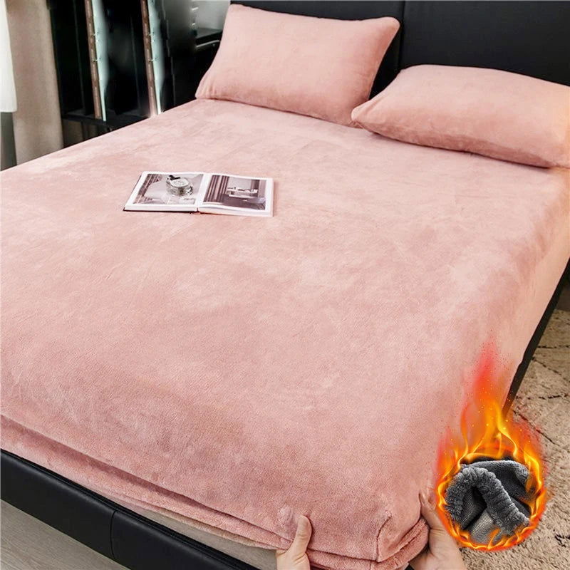 90-220cm Soft Warm Plush Fitted Sheet Elastic Mattress Cover Fluffy Coral Fleece Bed Winter Couple Luxury Double Bed Bedding - Slobuy