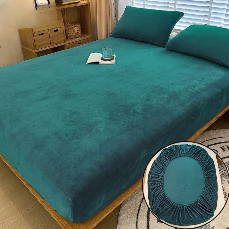 90-220cm Soft Warm Plush Fitted Sheet Elastic Mattress Cover Fluffy Coral Fleece Bed Winter Couple Luxury Double Bed Bedding - Slobuy