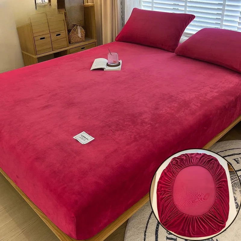 90-220cm Soft Warm Plush Fitted Sheet Elastic Mattress Cover Fluffy Coral Fleece Bed Winter Couple Luxury Double Bed Bedding - Slobuy