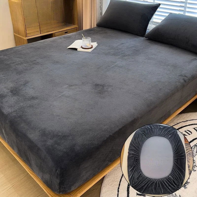90-220cm Soft Warm Plush Fitted Sheet Elastic Mattress Cover Fluffy Coral Fleece Bed Winter Couple Luxury Double Bed Bedding - Slobuy