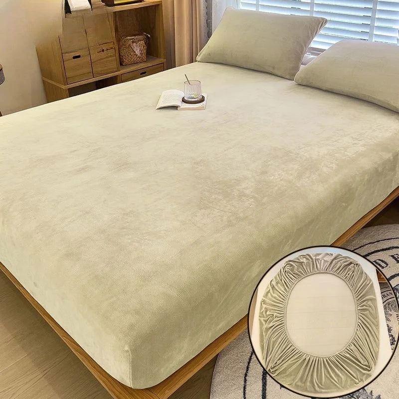90-220cm Soft Warm Plush Fitted Sheet Elastic Mattress Cover Fluffy Coral Fleece Bed Winter Couple Luxury Double Bed Bedding - Slobuy