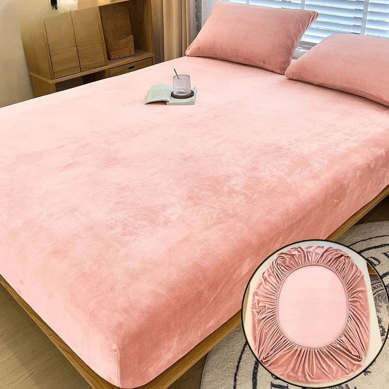90-220cm Soft Warm Plush Fitted Sheet Elastic Mattress Cover Fluffy Coral Fleece Bed Winter Couple Luxury Double Bed Bedding - Slobuy