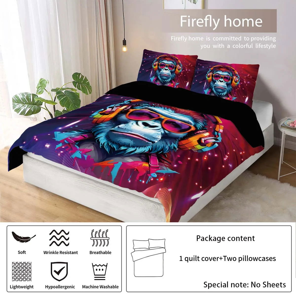 90gsm matte polyester bedding 3-piece set, skin friendly, warm, comfortable, 1 duvet cover+2 pillowcases, creative digital print - Slobuy
