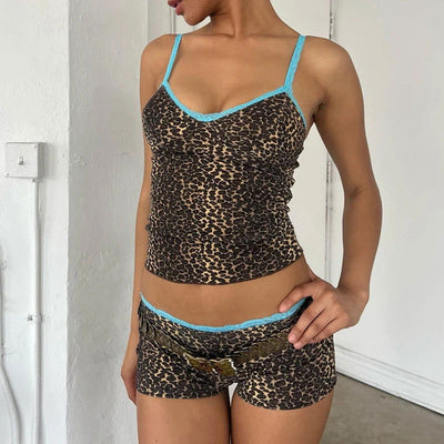 90s Rave Leopard Print 2 Piece Set Lace Trim Spaghetti Strap Camis + Shorts Y2K Vintage Crop Tops Sexy Club Party Matching Suit - Slobuy