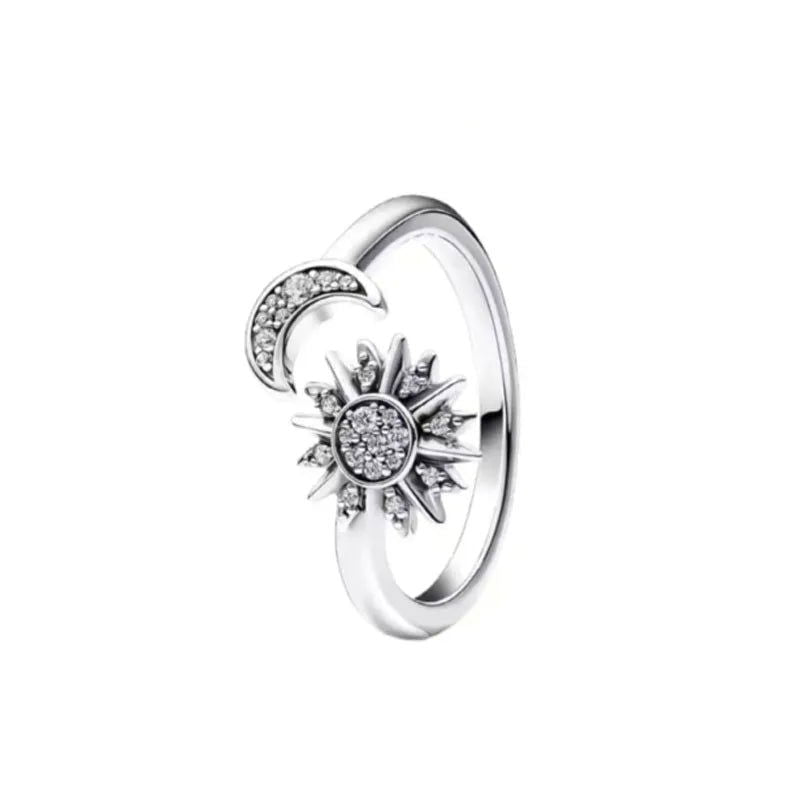 925 Sterling Silver Plated Sun Moon Sunflower Heart Rings For Women Original Flower Wedding Crystal Luxury Jewelry Accessories - Slobuy