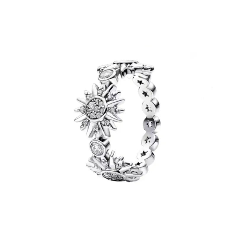 925 Sterling Silver Plated Sun Moon Sunflower Heart Rings For Women Original Flower Wedding Crystal Luxury Jewelry Accessories - Slobuy