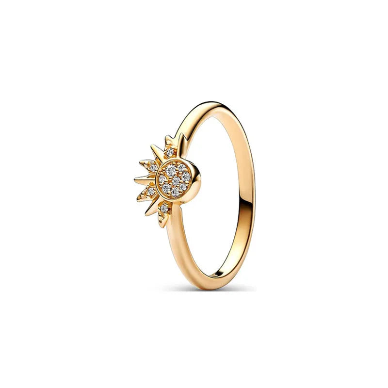 925 Sterling Silver Plated Sun Moon Sunflower Heart Rings For Women Original Flower Wedding Crystal Luxury Jewelry Accessories - Slobuy