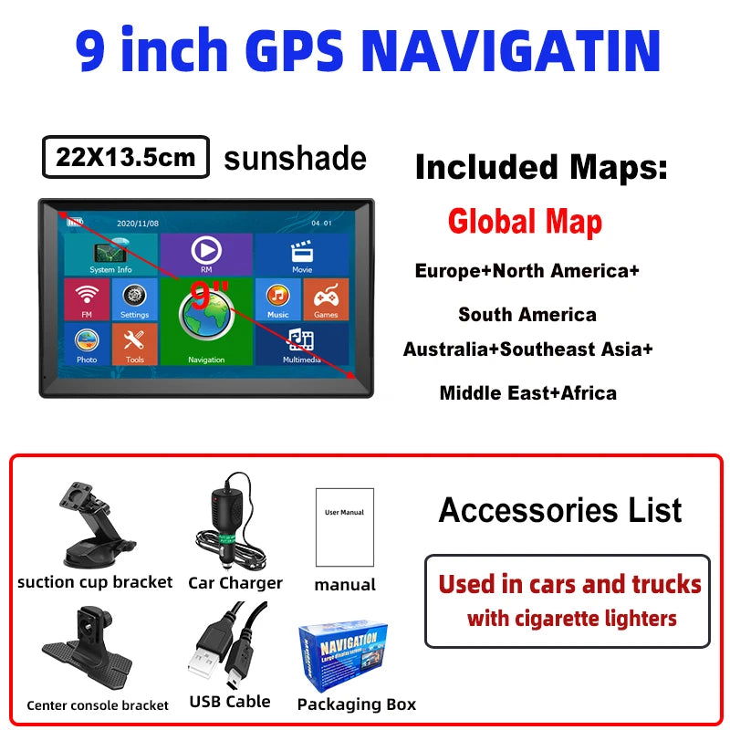 9 Inch GPS Navigation for Car Truck HGV SAT NAV Accessories Tools HD Navigator 2024 Free Update Europe North America Map 8GB FM - Slobuy