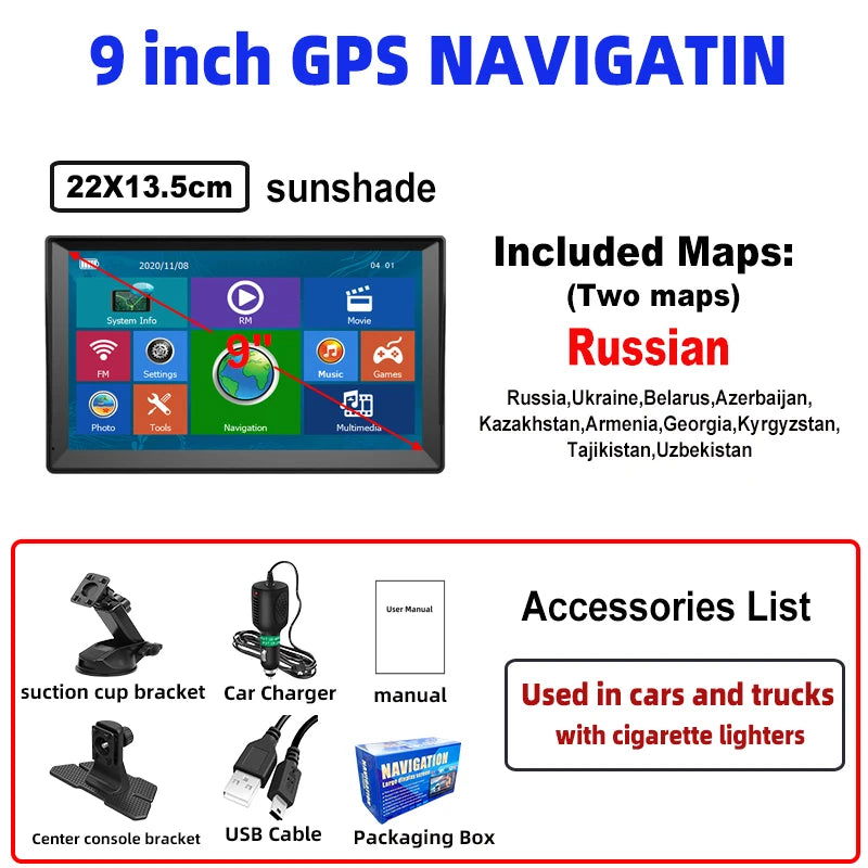 9 Inch GPS Navigation for Car Truck HGV SAT NAV Accessories Tools HD Navigator 2024 Free Update Europe North America Map 8GB FM - Slobuy