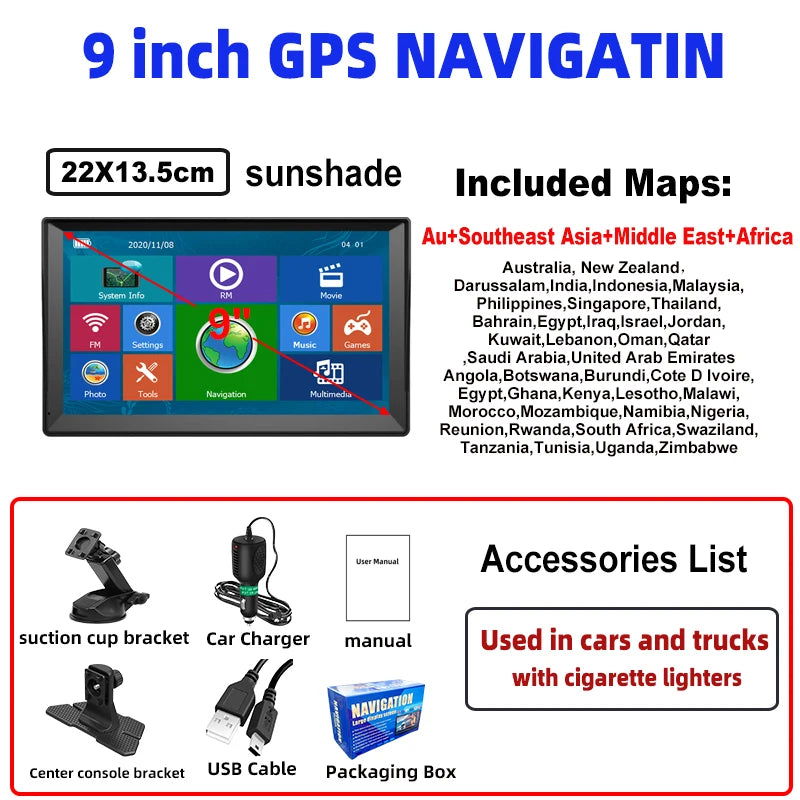 9 Inch GPS Navigation for Car Truck HGV SAT NAV Accessories Tools HD Navigator 2024 Free Update Europe North America Map 8GB FM - Slobuy