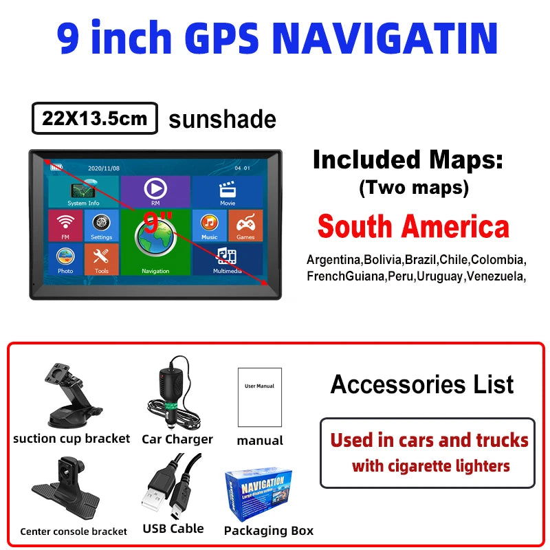9 Inch GPS Navigation for Car Truck HGV SAT NAV Accessories Tools HD Navigator 2024 Free Update Europe North America Map 8GB FM - Slobuy