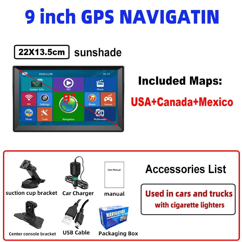 9 Inch GPS Navigation for Car Truck HGV SAT NAV Accessories Tools HD Navigator 2024 Free Update Europe North America Map 8GB FM - Slobuy