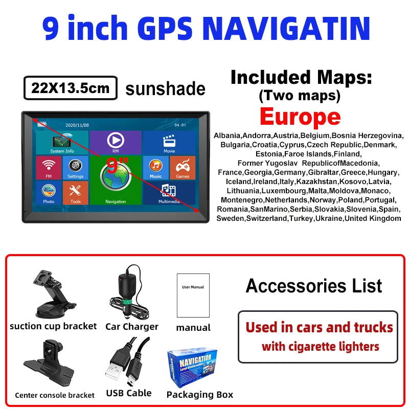 9 Inch GPS Navigation for Car Truck HGV SAT NAV Accessories Tools HD Navigator 2024 Free Update Europe North America Map 8GB FM - Slobuy