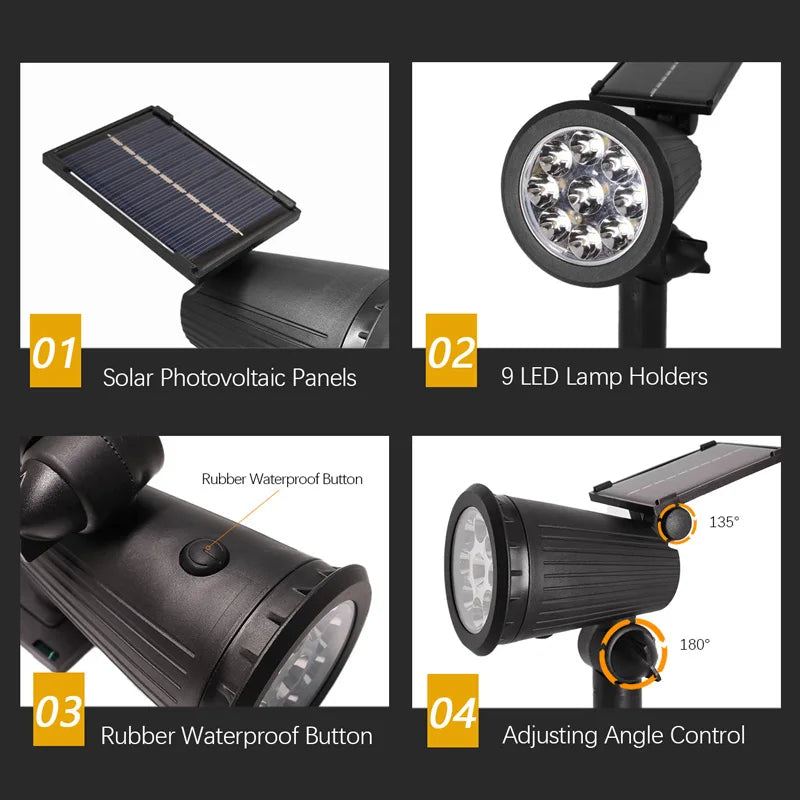 9 LEDs Solar Spotlights,Outdoor IP65 Waterproof,Spot Lights,Brightness Adjustable for Garden Backyard Driveway Patio Law Decor - Slobuy