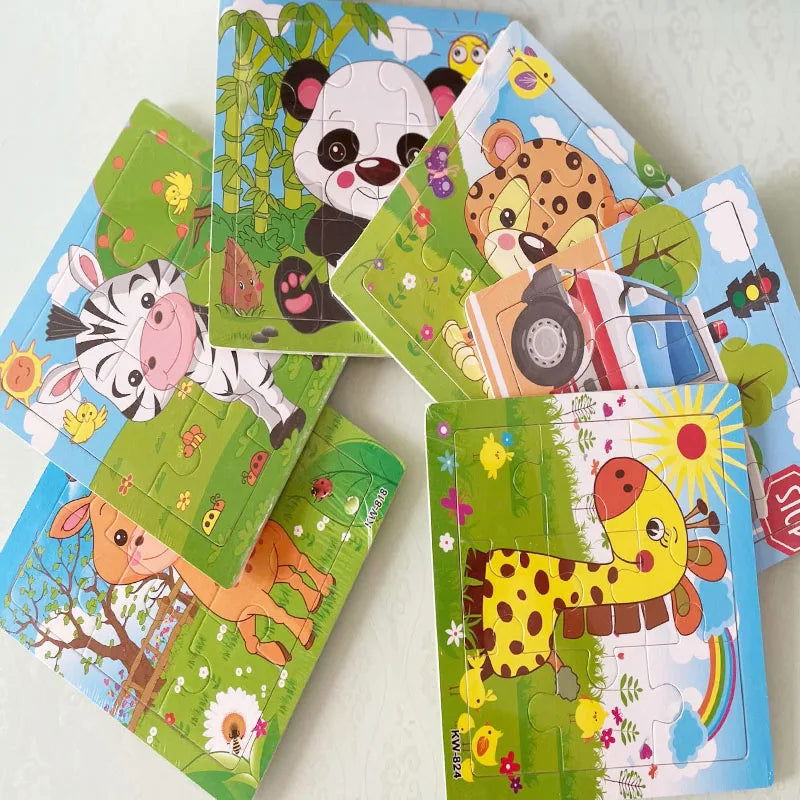 Hot Sale 12/9 PCS Puzzles Wooden Kids Baby Wood Cartoon Vehicle Animals Learning Educational Toys for Children Gift - Slobuy