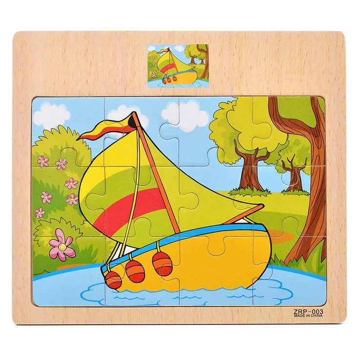 Hot Sale 12/9 PCS Puzzles Wooden Kids Baby Wood Cartoon Vehicle Animals Learning Educational Toys for Children Gift - Slobuy