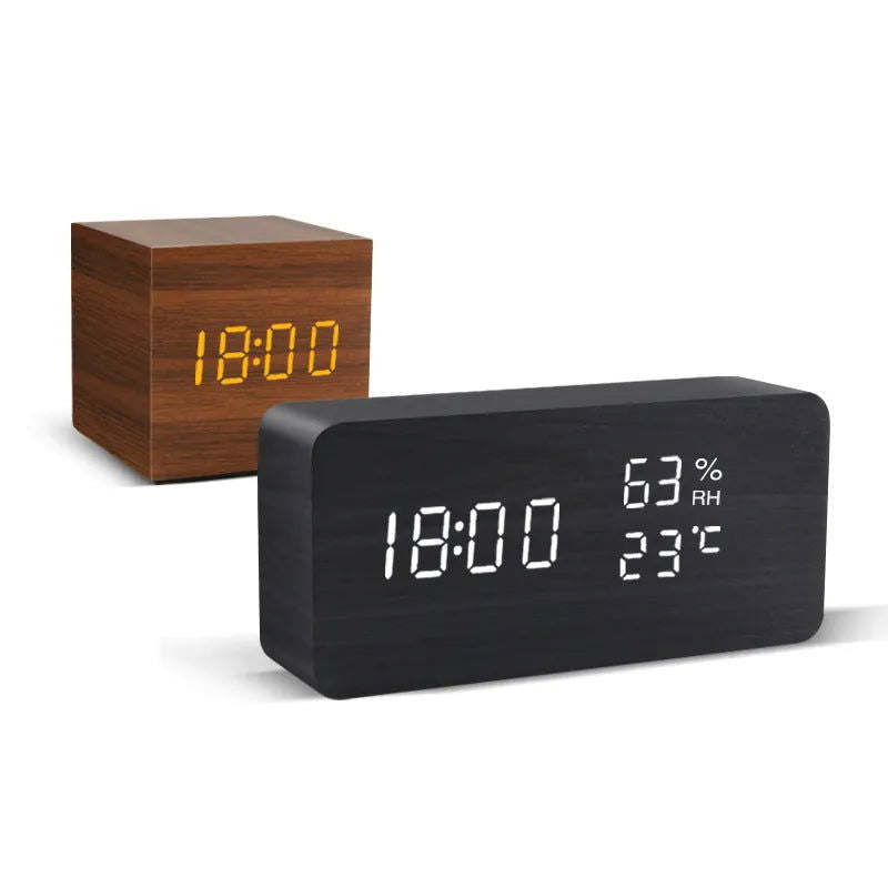 Alarm Clock LED Wooden Watch Table Voice Control Digital Wood Despertador USB/AAA Powered Electronic Desktop Clocks - Slobuy