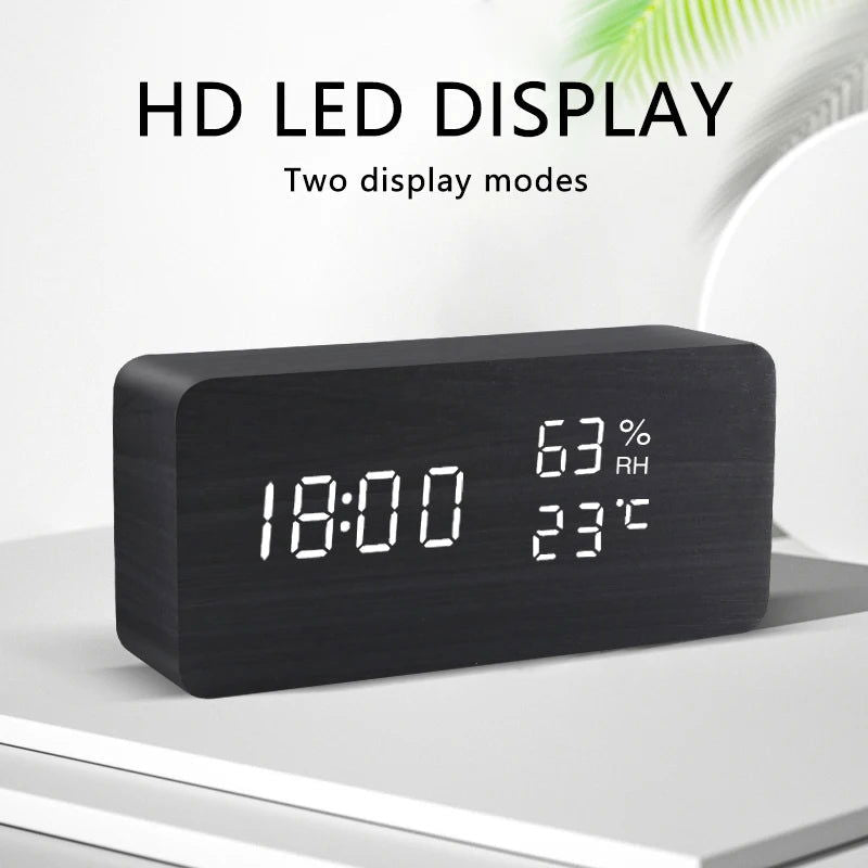 Alarm Clock LED Wooden Watch Table Voice Control Digital Wood Despertador USB/AAA Powered Electronic Desktop Clocks - Slobuy