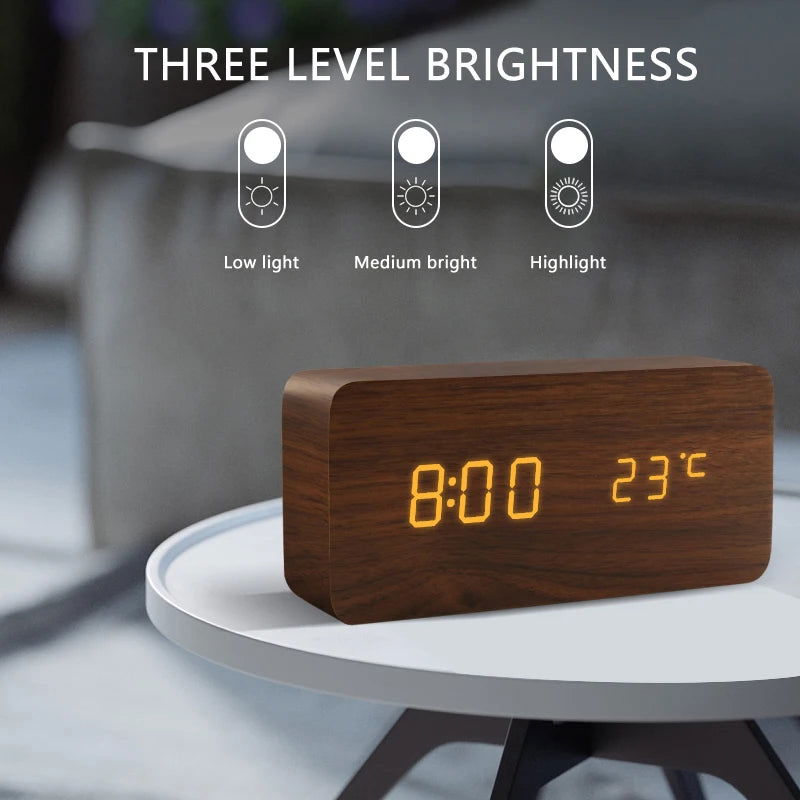 Alarm Clock LED Wooden Watch Table Voice Control Digital Wood Despertador USB/AAA Powered Electronic Desktop Clocks - Slobuy