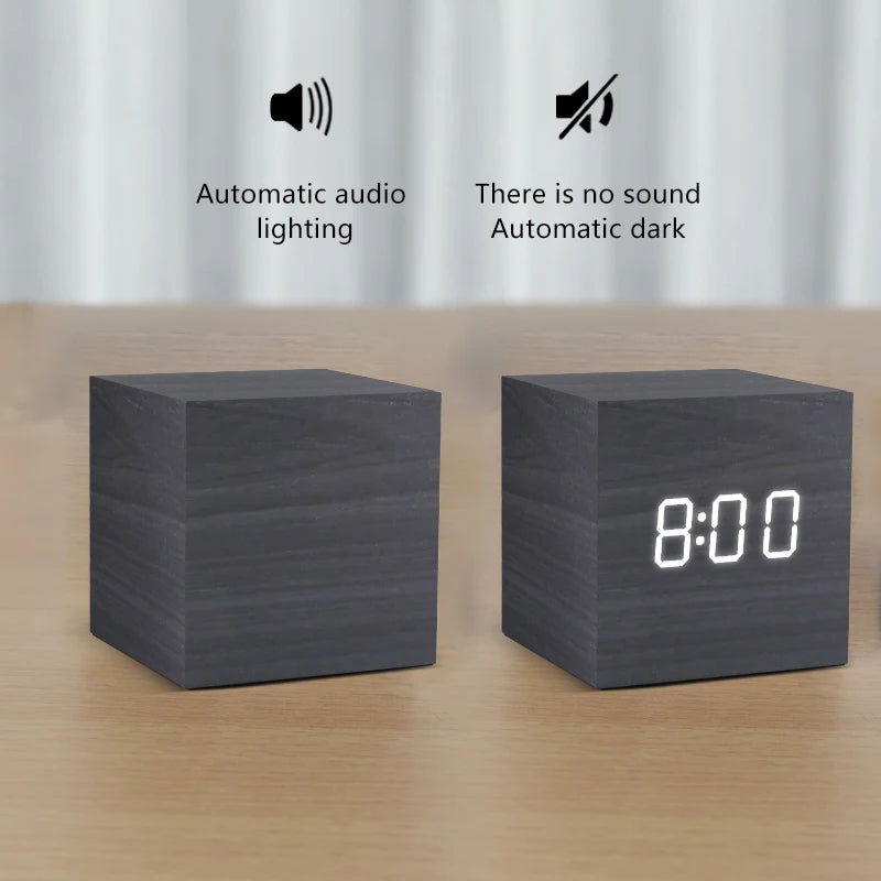 Alarm Clock LED Wooden Watch Table Voice Control Digital Wood Despertador USB/AAA Powered Electronic Desktop Clocks - Slobuy