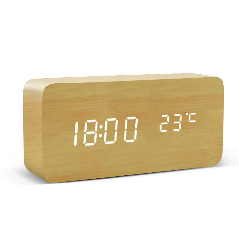 Alarm Clock LED Wooden Watch Table Voice Control Digital Wood Despertador USB/AAA Powered Electronic Desktop Clocks - Slobuy