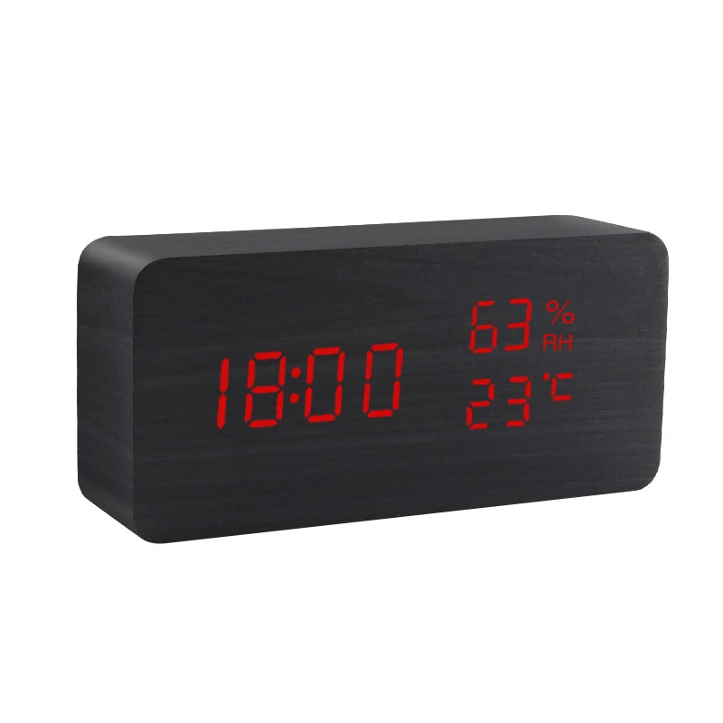 Alarm Clock LED Wooden Watch Table Voice Control Digital Wood Despertador USB/AAA Powered Electronic Desktop Clocks - Slobuy