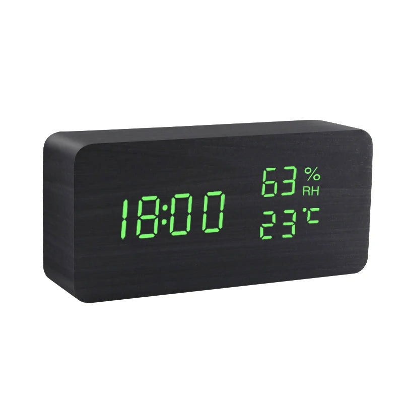 Alarm Clock LED Wooden Watch Table Voice Control Digital Wood Despertador USB/AAA Powered Electronic Desktop Clocks - Slobuy