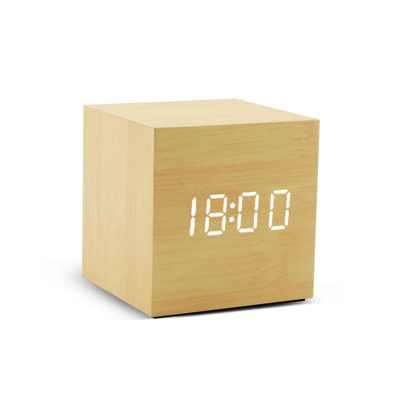 Alarm Clock LED Wooden Watch Table Voice Control Digital Wood Despertador USB/AAA Powered Electronic Desktop Clocks - Slobuy