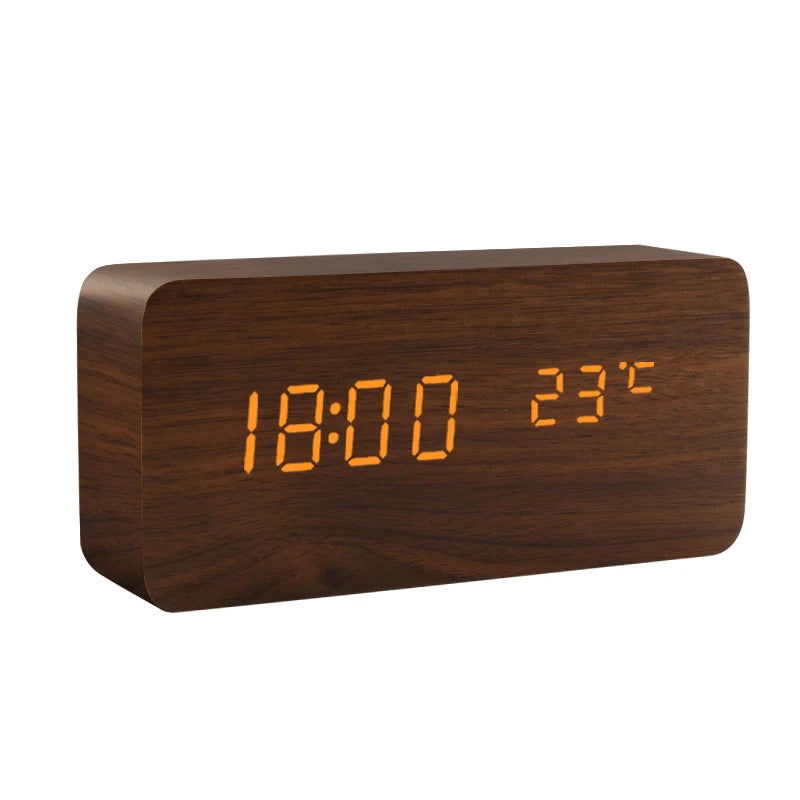 Alarm Clock LED Wooden Watch Table Voice Control Digital Wood Despertador USB/AAA Powered Electronic Desktop Clocks - Slobuy