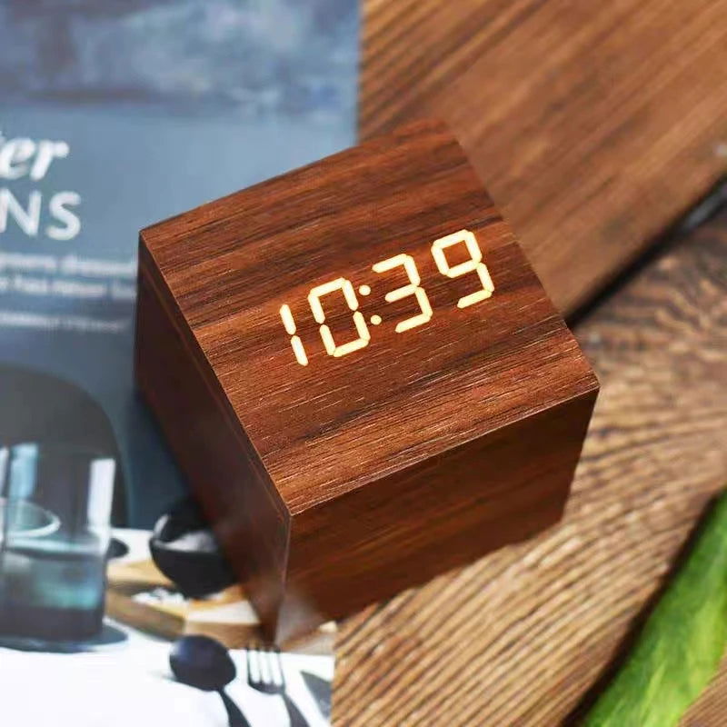 Wooden Digital Alarm Clock with Temperature Cube, Art Ornaments, Decoration Supplies, USB/AAA Powered, Electronic Desktop Clocks - Slobuy