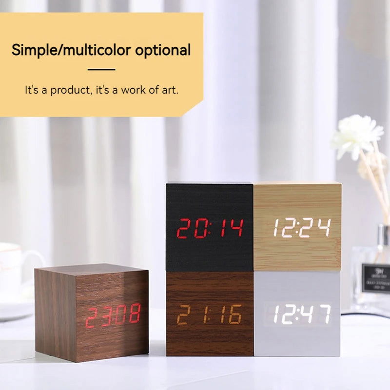 Wooden Digital Alarm Clock with Temperature Cube, Art Ornaments, Decoration Supplies, USB/AAA Powered, Electronic Desktop Clocks - Slobuy