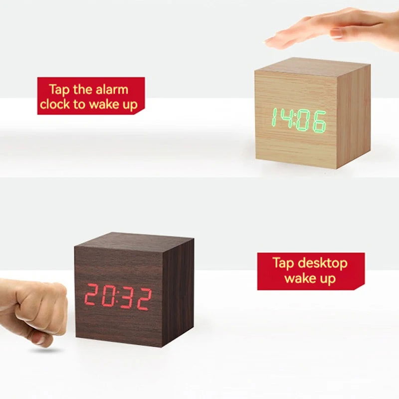 Wooden Digital Alarm Clock with Temperature Cube, Art Ornaments, Decoration Supplies, USB/AAA Powered, Electronic Desktop Clocks - Slobuy