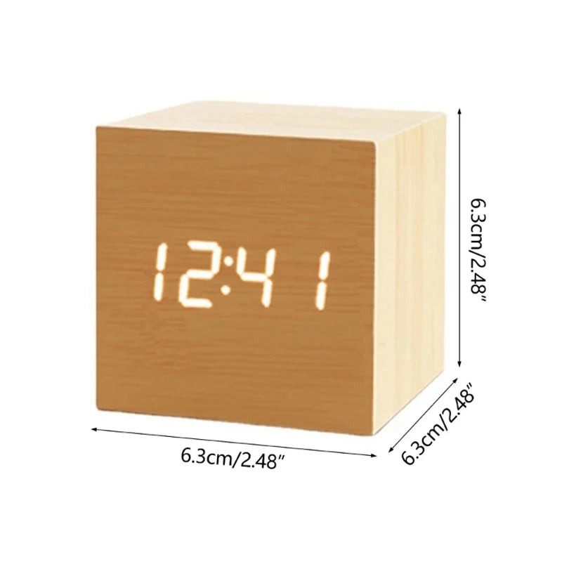 Wooden Digital Alarm Clock with Temperature Cube, Art Ornaments, Decoration Supplies, USB/AAA Powered, Electronic Desktop Clocks - Slobuy