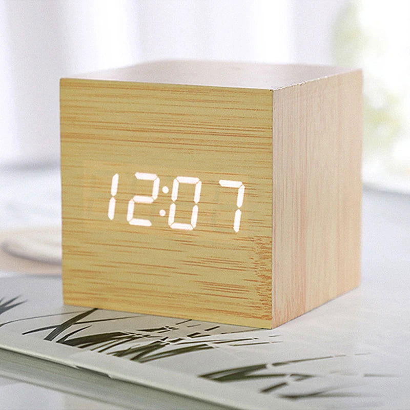 Wooden Digital Alarm Clock with Temperature Cube, Art Ornaments, Decoration Supplies, USB/AAA Powered, Electronic Desktop Clocks - Slobuy