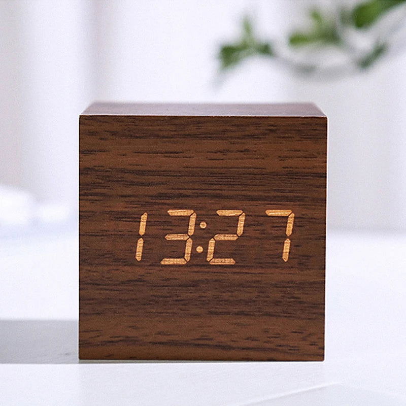 Wooden Digital Alarm Clock with Temperature Cube, Art Ornaments, Decoration Supplies, USB/AAA Powered, Electronic Desktop Clocks - Slobuy