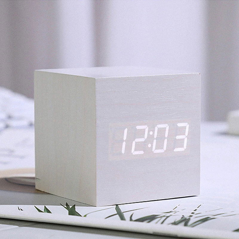 Wooden Digital Alarm Clock with Temperature Cube, Art Ornaments, Decoration Supplies, USB/AAA Powered, Electronic Desktop Clocks - Slobuy