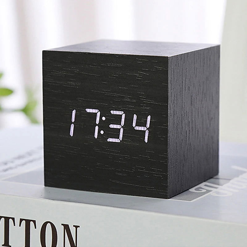 Wooden Digital Alarm Clock with Temperature Cube, Art Ornaments, Decoration Supplies, USB/AAA Powered, Electronic Desktop Clocks - Slobuy