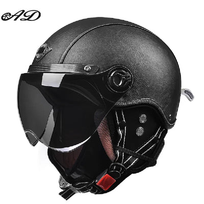 AD Retro Motorcycle Helmets with Harley Visor Leather Helmet for Man Electric Motorbike Vintage Protected Motor Safety Cap - Slobuy