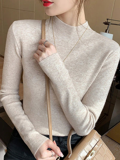 AOSSVIAO Turtleneck Sweater Women Fashion 2024 New Stretch Tops Women Knitted Pullovers Long Sleeve Bottoming Knitted Sweater - Slobuy