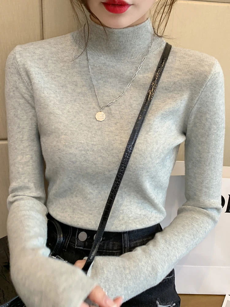 AOSSVIAO Turtleneck Sweater Women Fashion 2024 New Stretch Tops Women Knitted Pullovers Long Sleeve Bottoming Knitted Sweater - Slobuy