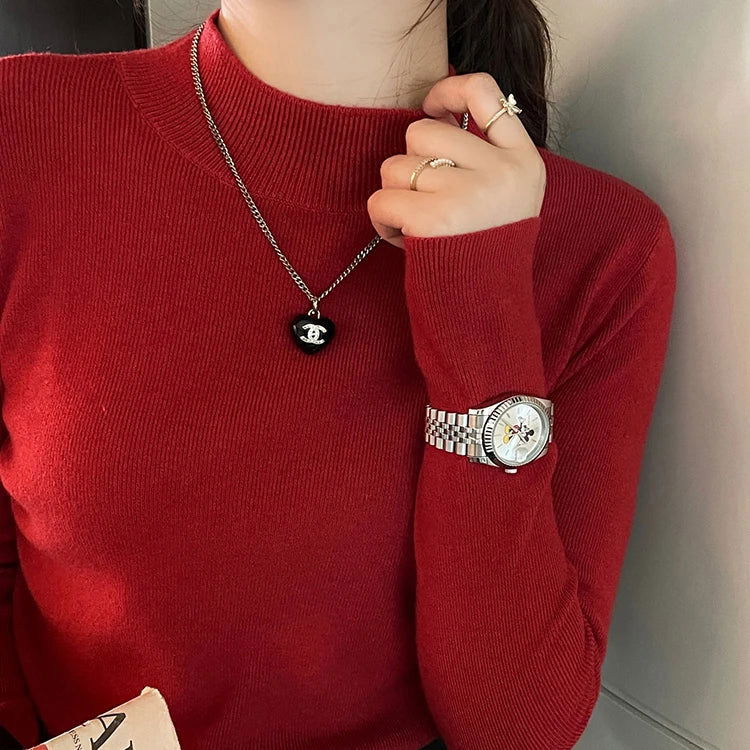 AOSSVIAO Turtleneck Sweater Women Fashion 2024 New Stretch Tops Women Knitted Pullovers Long Sleeve Bottoming Knitted Sweater - Slobuy