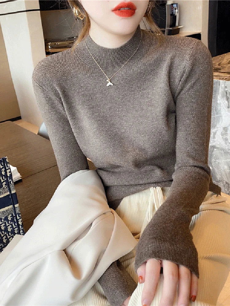 AOSSVIAO Turtleneck Sweater Women Fashion 2024 New Stretch Tops Women Knitted Pullovers Long Sleeve Bottoming Knitted Sweater - Slobuy