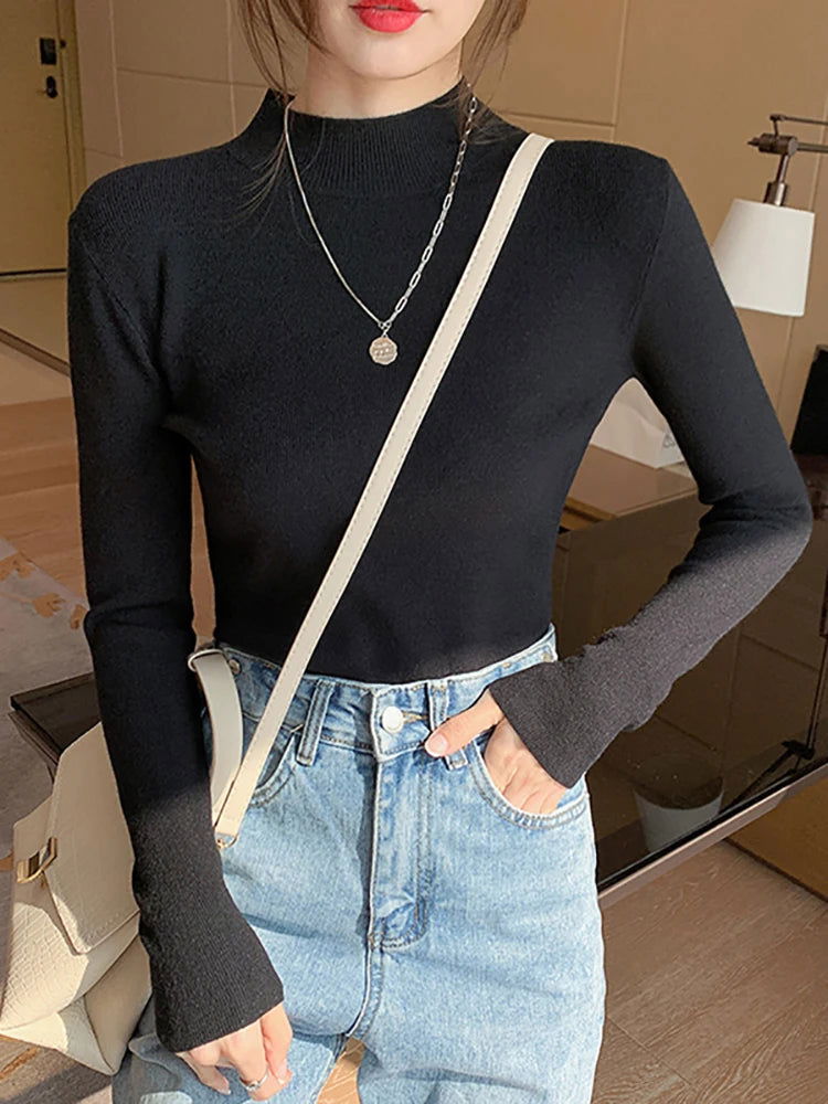 AOSSVIAO Turtleneck Sweater Women Fashion 2024 New Stretch Tops Women Knitted Pullovers Long Sleeve Bottoming Knitted Sweater - Slobuy