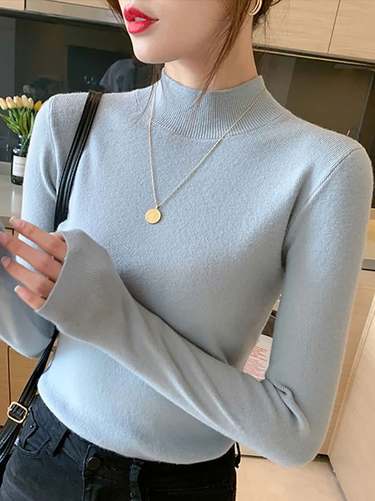 AOSSVIAO Turtleneck Sweater Women Fashion 2024 New Stretch Tops Women Knitted Pullovers Long Sleeve Bottoming Knitted Sweater - Slobuy